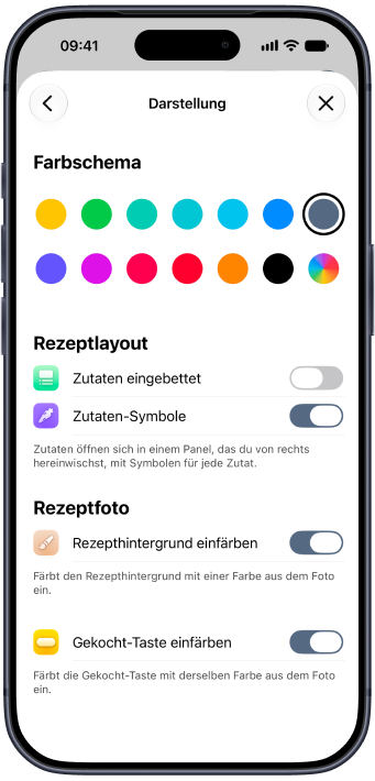 Die Darstellungseinstellungen von Plantry mit Akzentfarben und Layout-Optionen für Rezepte