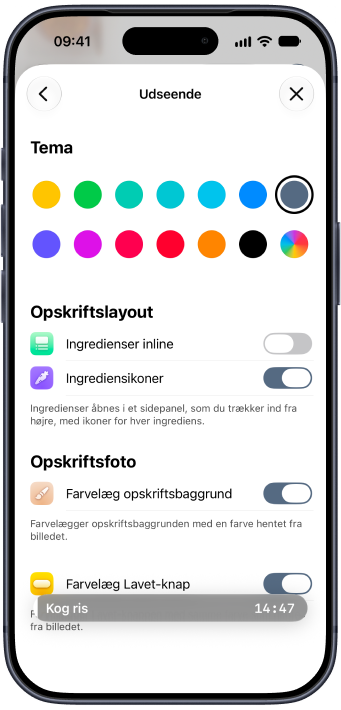 Udseendeindstillinger i Plantry med temafarver og opskriftslayout