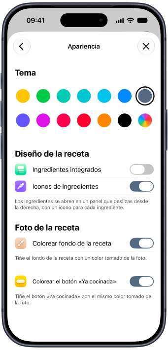 Los ajustes de aspecto de Plantry, con los colores de tema y el diseño de las recetas