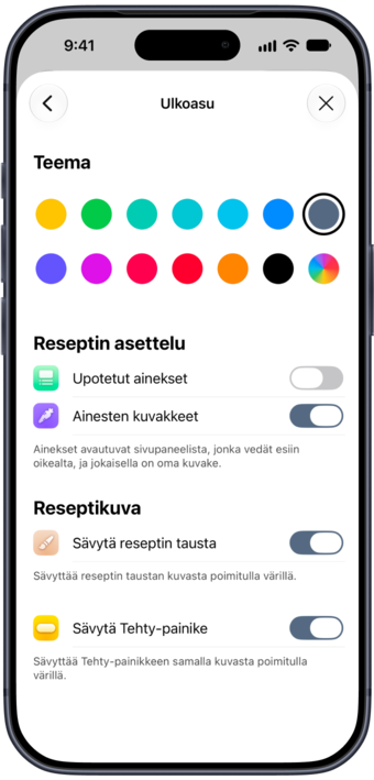 Plantryn ulkoasuasetukset: teemavärit ja reseptien asettelu