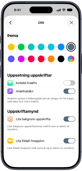 Útlitsstillingar Plantry með þemalitum og útliti uppskrifta