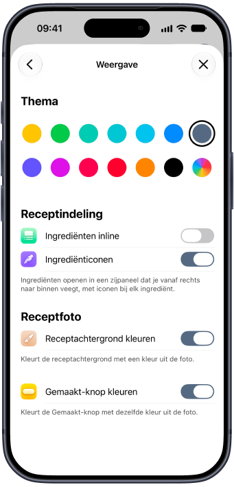 De weergave-instellingen van Plantry, met themakleuren en opmaakopties voor recepten