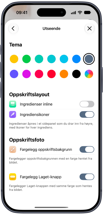 Utseendeinnstillinger i Plantry med temafarger og oppskriftslayout