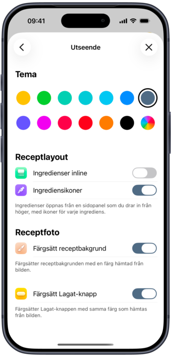 Utseendeinställningar i Plantry med temafärger och receptlayout