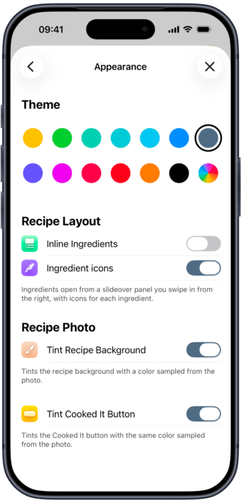 Plantry&rsquo;s appearance settings, with theme colors and recipe layout options