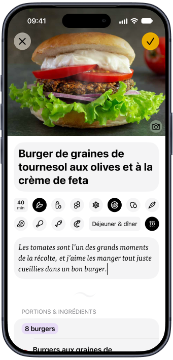 Une recette de burger aux graines de tournesol enregistrée dans Plantry depuis le web