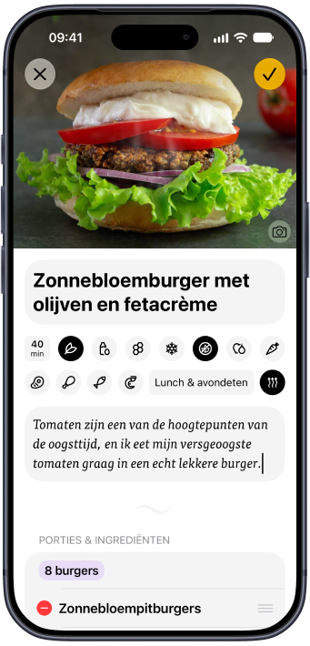 Een zonnebloemburger-recept dat vanaf het web in Plantry is bewaard