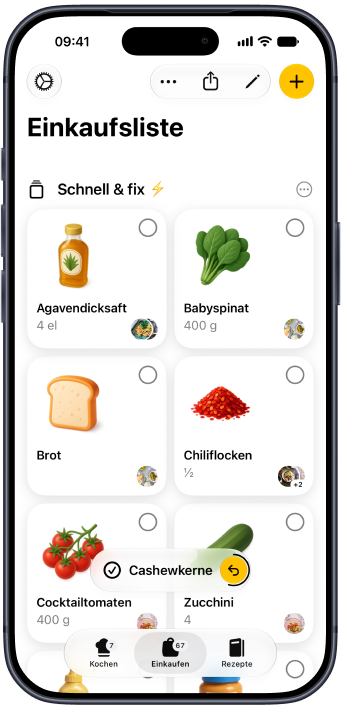 Eine Plantry-Einkaufsliste mit illustrierten Symbolen, nach Regalen sortiert