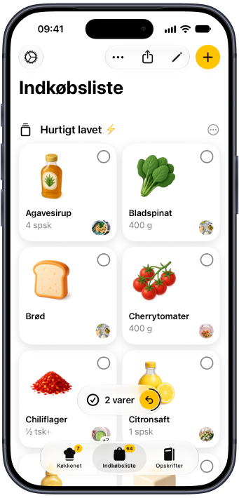 En indkøbsliste i Plantry med illustrerede vareikoner, sorteret efter varehylde