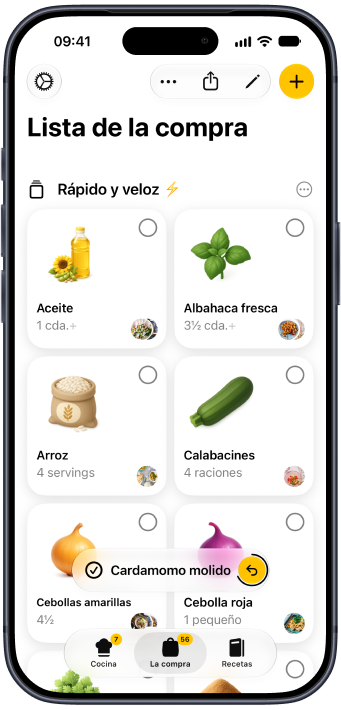 Una lista de la compra de Plantry con iconos ilustrados, ordenada por pasillos