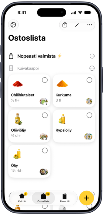 Plantryn ostoslista kuvitettuine tuotekuvakkeineen, järjestettynä kaupan osastojen mukaan