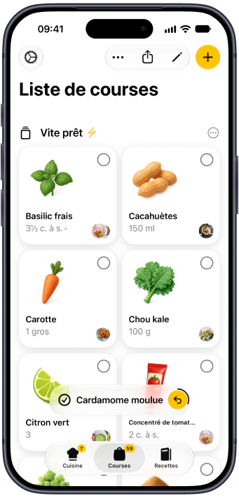 Une liste de courses Plantry avec ses icônes illustrées, rangée par rayon