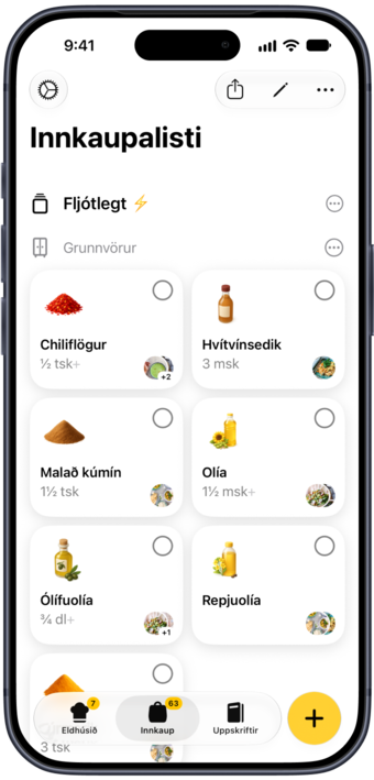 Innkaupalisti í Plantry með teiknuðum táknum, raðað eftir göngum í búðinni