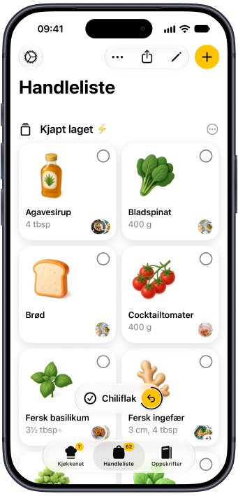 En handleliste i Plantry med illustrerte vareikoner, sortert etter varehylle