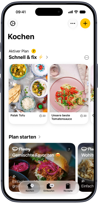 Der Tab Kochen in Plantry mit den geplanten Rezepten dieser Woche