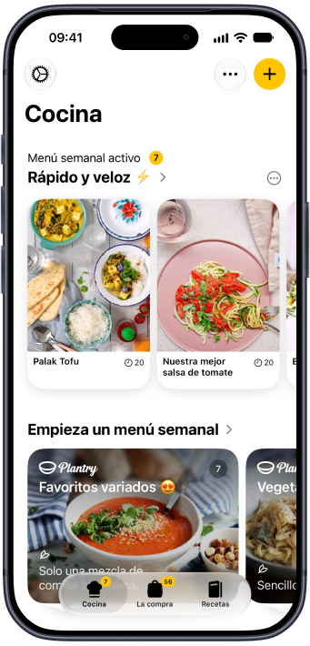 La pestaña Cocina de Plantry, con el menú semanal activo